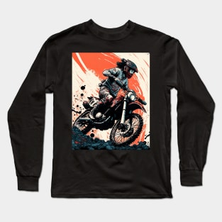 Dirt bike rider with Japanese style red background Long Sleeve T-Shirt